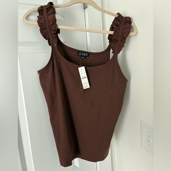 J. Crew Tops - NEW! J. Crew Reimagined Chocolate Brown Ruffle Strap Tank Top Large